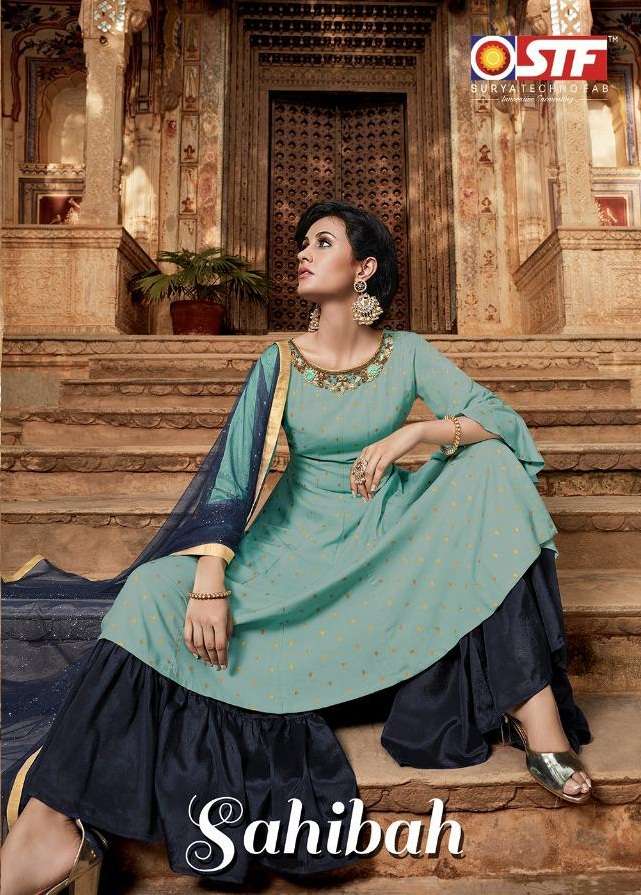 SAHIBAH BY SURYA TECHNO FAB 01 TO 06 SERIES BEAUTIFUL STYLISH SHARARA SUITS FANCY COLORFUL CASUAL WEAR & ETHNIC WEAR & READY TO WEAR RAYON JACQUARD BUTTI DRESSES AT WHOLESALE PRICE